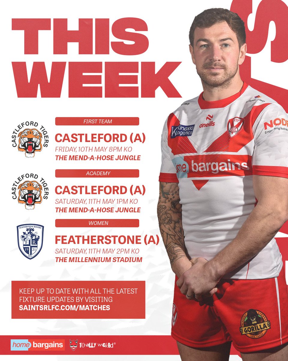 🏉 There are three trips to West Yorkshire this week for the Saints! 🔴 First Team v Castleford (A) - Fri ⚪ Academy v Castleford (A) - Sat 🔴 Women v Featherstone (A) - Sat ℹ saintsrlfc.com/2024/05/06/thi… #COYS