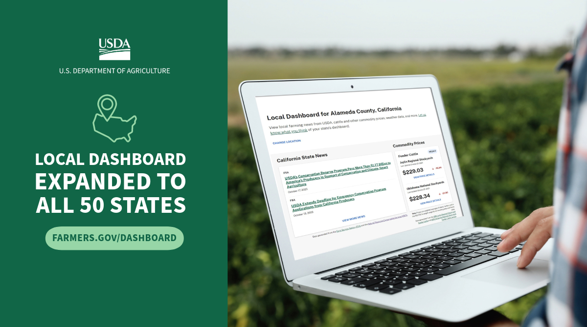 View local farming news from @USDA, cattle and other commodity prices, weather data, and more with your very own Farmers.gov local dashboard. Find yours now: bit.ly/3IO81Um