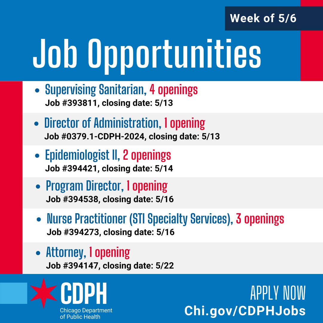 Looking for a public health #gig? CDPH is hiring and we have some newly announced positions!

Visit Chi.gov/CDPHJobs to see if you are the right fit for any of our currently listed roles.

#Hiring #Job #PublicHealth
