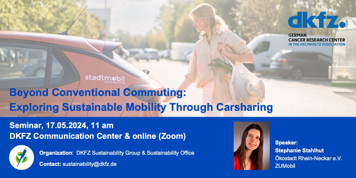 Join us for the next DKFZ #sustainability talk! Beyond Conventional Commuting: Exploring #Sustainable #Mobility Through #Carsharing. Event in English. #ZUMobil #MobilityShift 🗓️17.05.2024 🕚11:00-12:00 ➡️Register here: dkfz-de.zoom-x.de/webinar/regist…