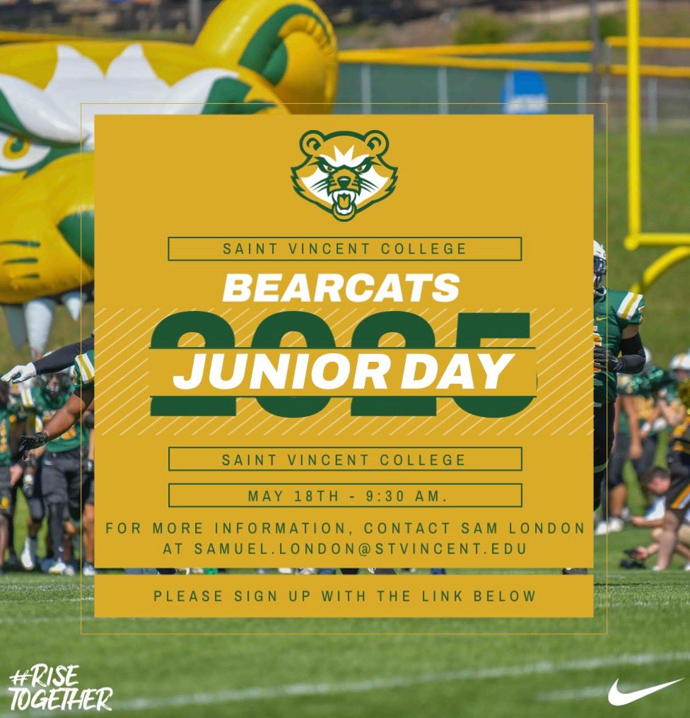 Saint Vincent College Football (@svc_ftbl) on Twitter photo RSVP with the link below⬇️
connect.stvincent.edu/register/?id=1…
(connect.stvincent.edu/register/?id=1…)
If you have any questions, please reach out to <a href="/coachlondonIII/">Samuel London</a>.
#RiseTogether RSVP with the link below⬇️
connect.stvincent.edu/register/?id=1…
(connect.stvincent.edu/register/?id=1…)
If you have any questions, please reach out to <a href="/coachlondonIII/">Samuel London</a>.
#RiseTogether
