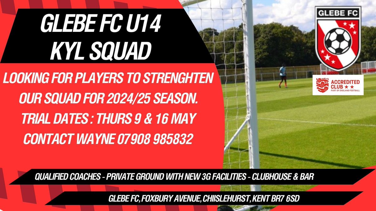 Our KYL U14 Team are looking to strengthen their squad for next season. Trial dates soon. Contact Wayne 07908 985832 @KentYouthLeague #playerswanted #football #youthfootball