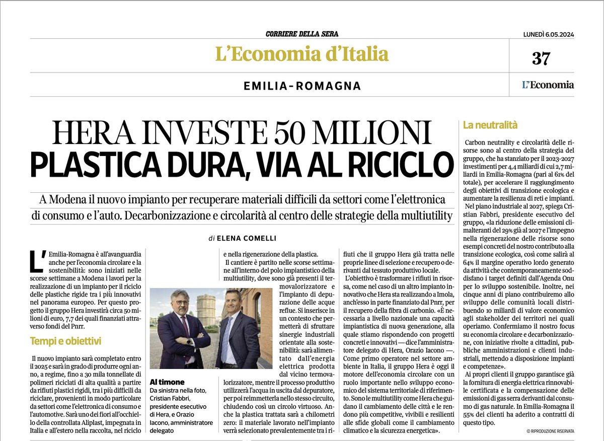 GruppoHera's tweet photo. 🗞️ Oggi su @L_Economia le strategie industriali del #GruppoHera, che per il 2023-2027 destina il 61% degli investimenti all'Emilia-Romagna per accelerare la #TransizioneEcologica. Focus sull’impianto #Aliplast di #Modena e sulle iniziative per favorire la #CarbonNeutrality 👇 https://t.co/SXKS67Re3v
