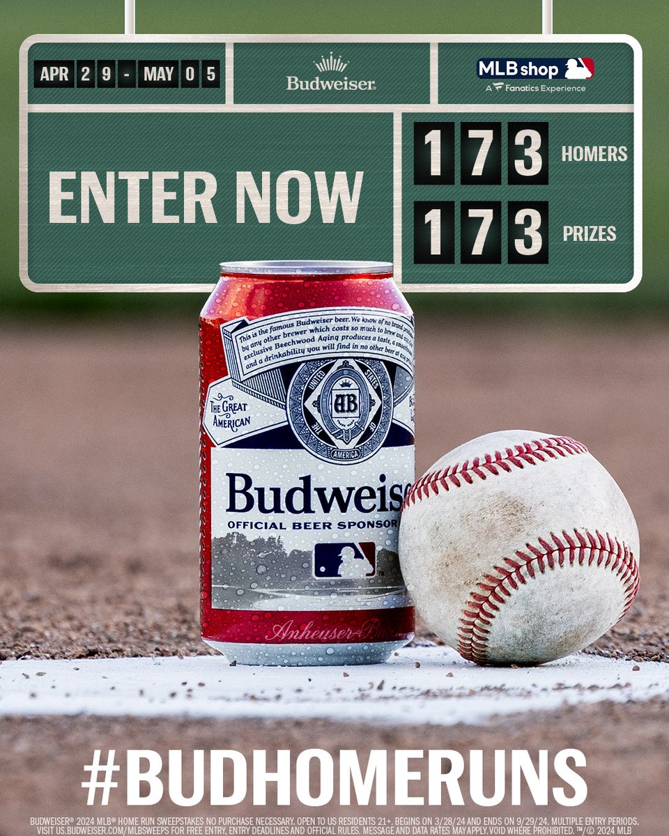 budweiserusa's tweet image. Step up to the plate, baseball fans! There are 173 chances to win for 173 home runs last week. 

Enter now using #BudHomeRuns #Sweepstakes and you could win team gear from MLB shop.