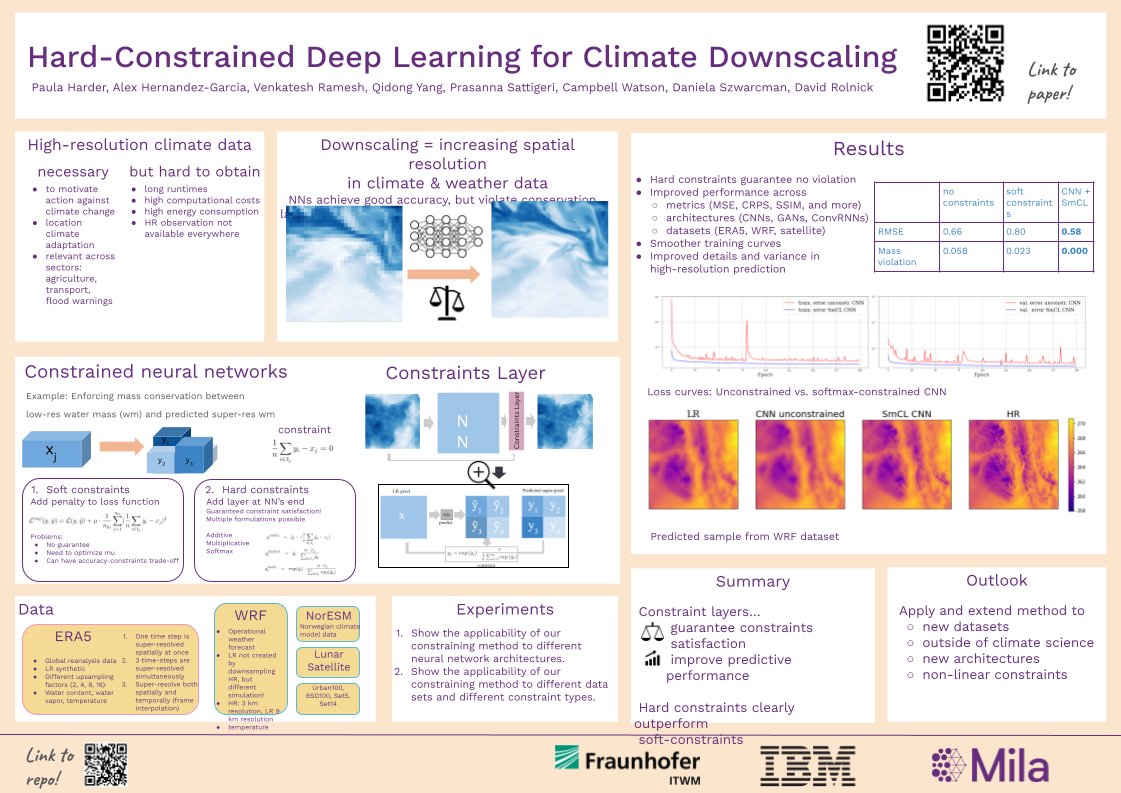 PaulaHarder8's tweet photo. Excited to be on my way to ICLR. Presenting 3 times
1. Poster “Hard-Constrained Deep Learning for Climate Downscaling”, Tue 4.30-6.30pm
2. Invited talk, AI4Diff workshop, Sat 10.30am
3. Poster “Downscaling Benchmark”, CCAI workshop, Sat 8.45-9.30am + 2.30-3.15pm
#iclr24 #iclr2024 https://t.co/Y8NL44U1nQ