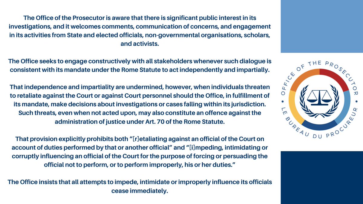 As the ICC statement highlights, such threats are a violation of international law under Art. 70 of the Rome statute. Yet another proof if needed that the 'Rules Based Order' runs in opposition to international law...