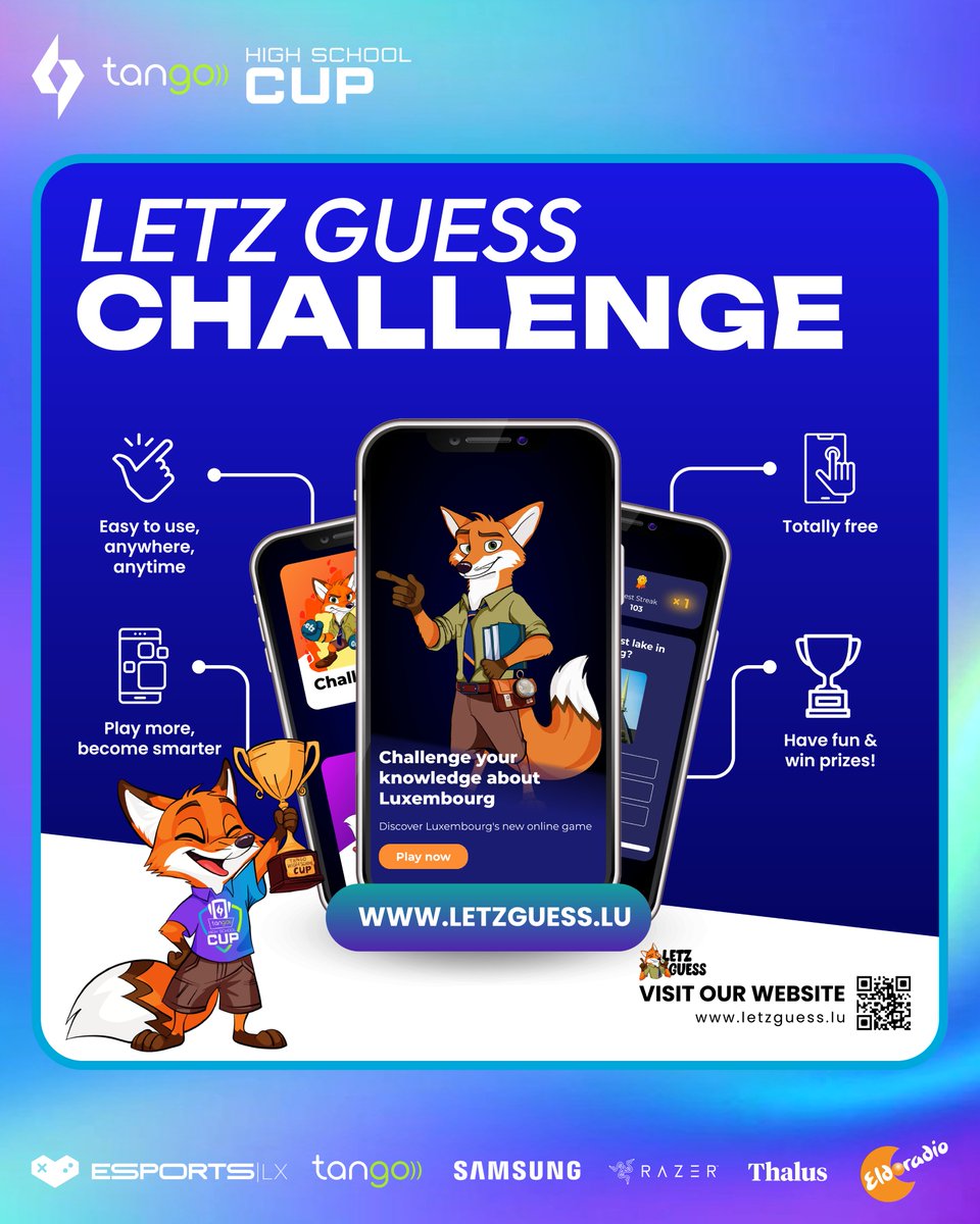 Tango High School Cup (@tangohsc) on Twitter photo From now to 18th, you can join the <a href="/tangohsc/">Tango High School Cup</a> Challenge and <a href="/letzguess_lu/">Letz Guess</a> . Test your Luxembourg trivia skills and snag some cool prizes while you’re at it!🔥
letzguess.lu From now to 18th, you can join the <a href="/tangohsc/">Tango High School Cup</a> Challenge and <a href="/letzguess_lu/">Letz Guess</a> . Test your Luxembourg trivia skills and snag some cool prizes while you’re at it!🔥
letzguess.lu