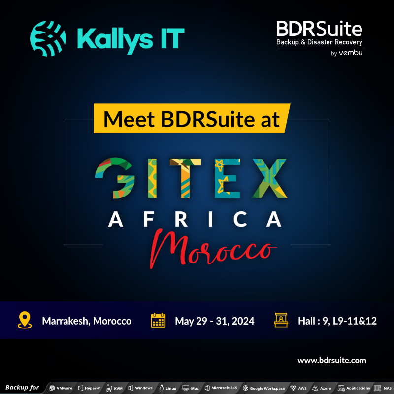 Exciting News Alert! BDRSuite and our partner Kallysit will be present at #GITEX #Africa 2024, held at , Morocco, from May 29-31, 2024. Connect with our BDRSuite Team at Hall 09 - L9- 11&12 and discover our cost-effective backup solutions. #GITEXAFRICA2024 #GITEXAFRICA #Morocco