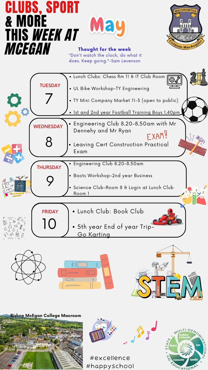Check out our weekly schedule for all the events in BMC this week. Best of luck to our LC Construction students in their practical on Wednesday. #excellenceineducation #care #respect #equality #community