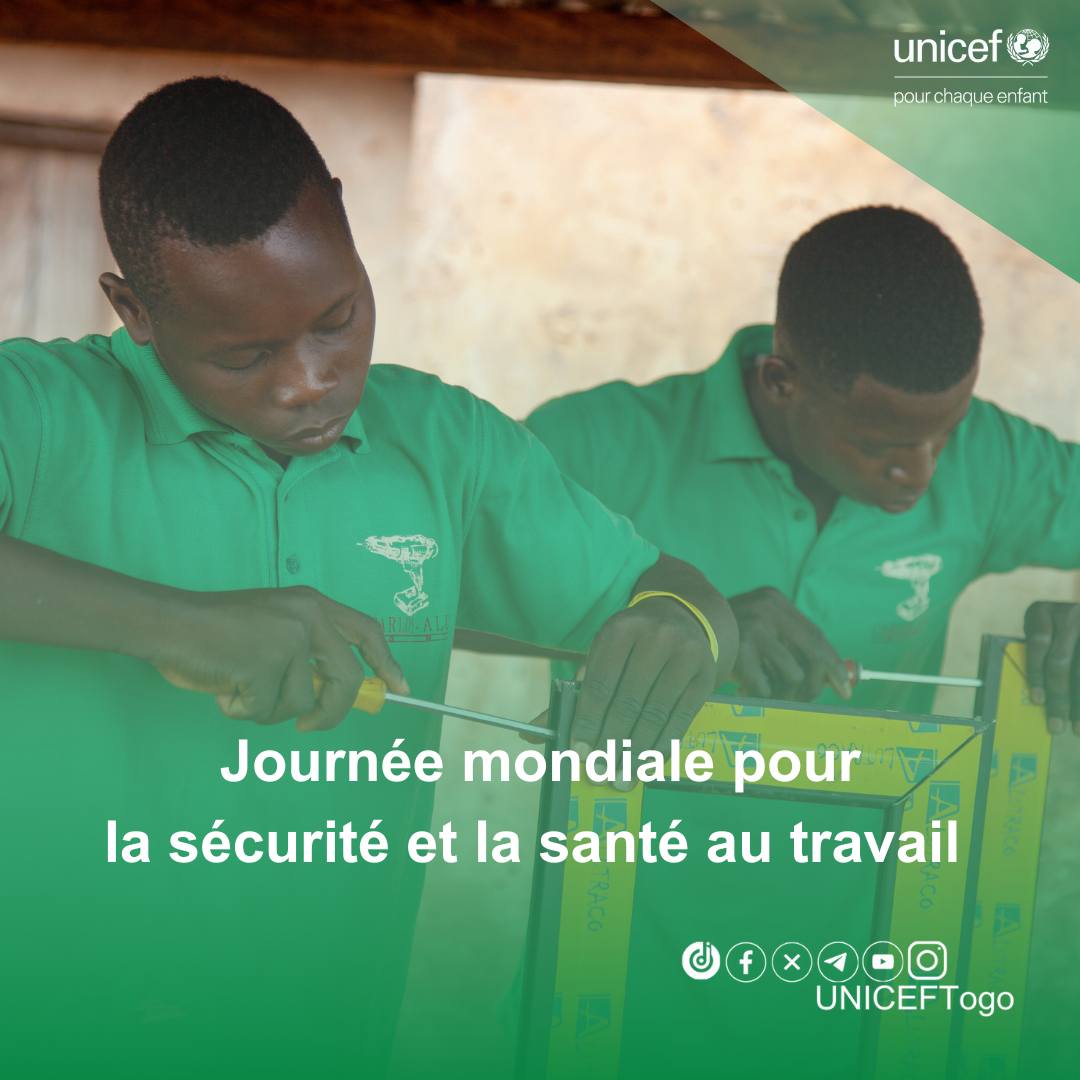 Le saviez-vous? 
Chaque 28 avril, est célébrée la Journée mondiale pour la sécurité et la santé au travail. 

#UNICEFTogo #PourChaqueEnfant #TgInfo #team228