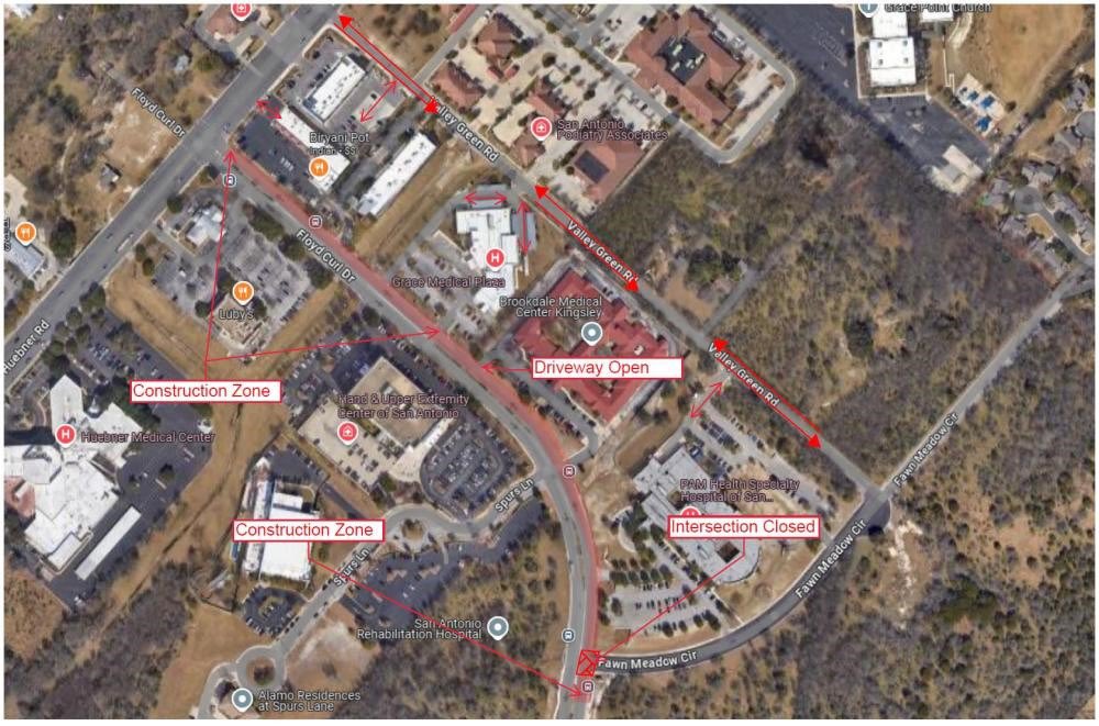 🚨UPCOMING INTERSECTION CLOSURE: Floyd Curl Dr.-The intersection of Floyd Curl Dr. & Fawn Meadow Circle will be closed for construction. See map for detour routes.  🚧5/7/24 – 5/28/25. 🦺2-way traffic on Floyd Curl Dr. will be maintained.  🔗More info: saspeakup.com/floydcurldrive