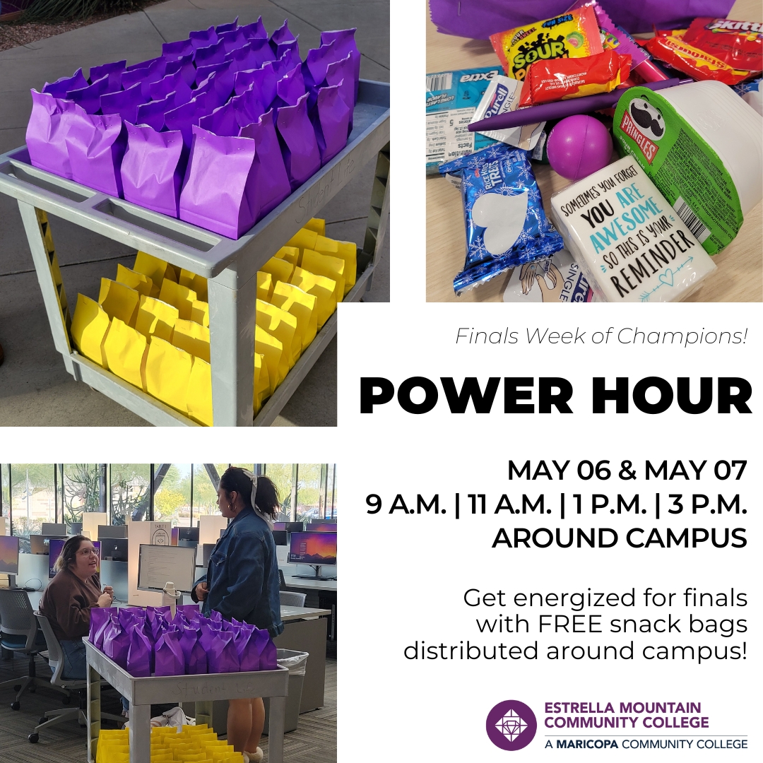 Grab your power pack snack bags from Student Life throughout EMCC campus during the following hours: 9 A.M., 11 A.M., 1 P.M., 3 P.M. Get energized as you prepare for you for finals!