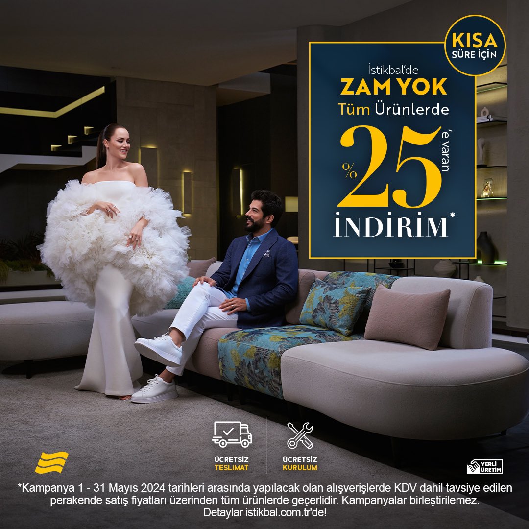 İstikbal'de Zam Yok! Kısa süre için tüm ürünlerde %25'e varan indirim fırsatı istikbal.com.tr'de! *Kampanya 1 - 31 Mayıs 2024 tarihleri arasında yapılacak olan alışverişlerde KDV dahil tavsiye edilen perakende satış fiyatları üzerinden tüm ürünlerde geçerlidir.…