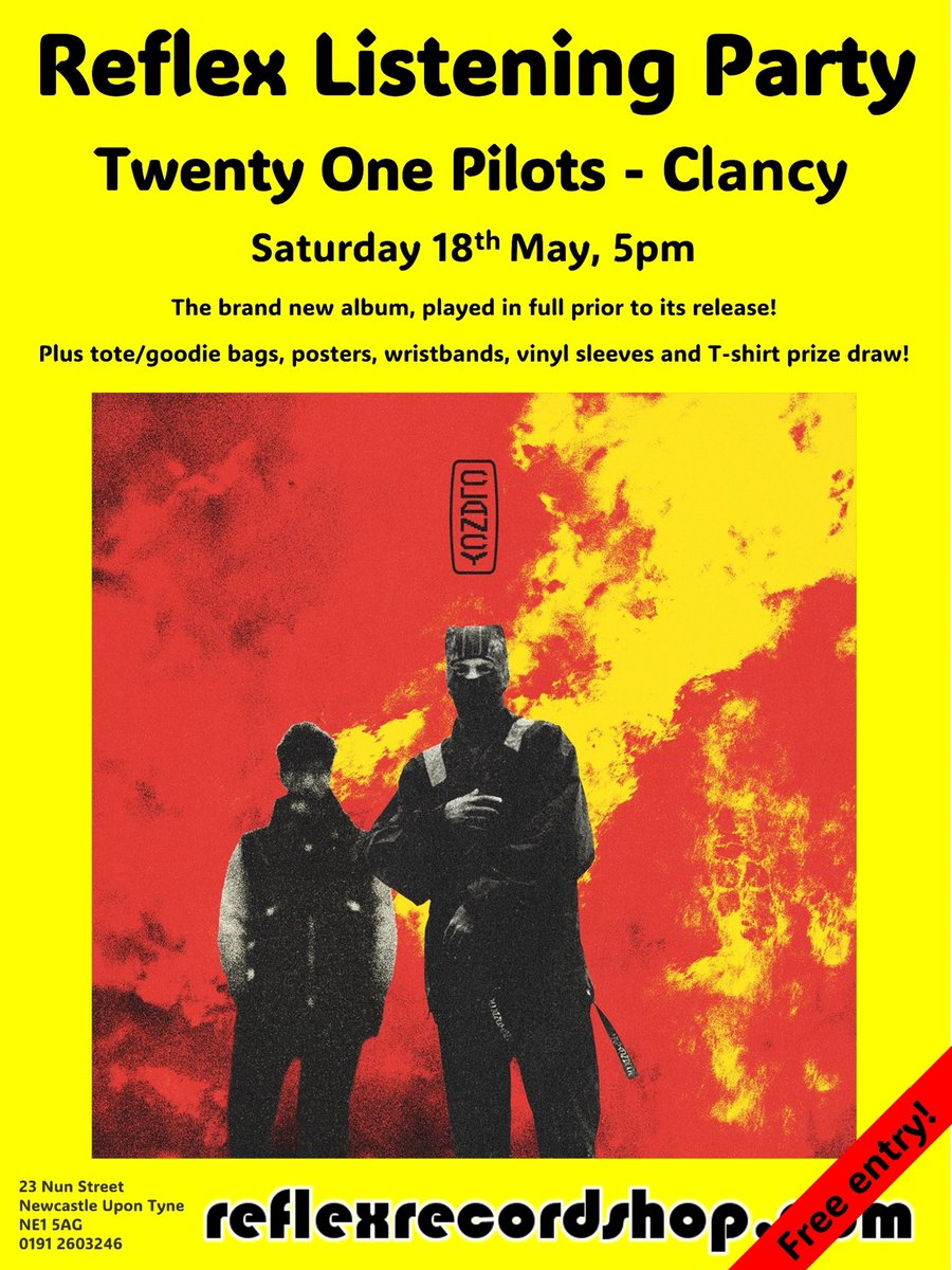 Join us instore at 5pm on Sat 18th May for a Twenty One Pilots listening party! We'll be playing new album Clancy in full prior to its global release. There'll also be goodie bags, competition prizes and more! Pre-order: reflexrecordshop.com/product/63481/… @twentyonepilots @AtlanticRecords