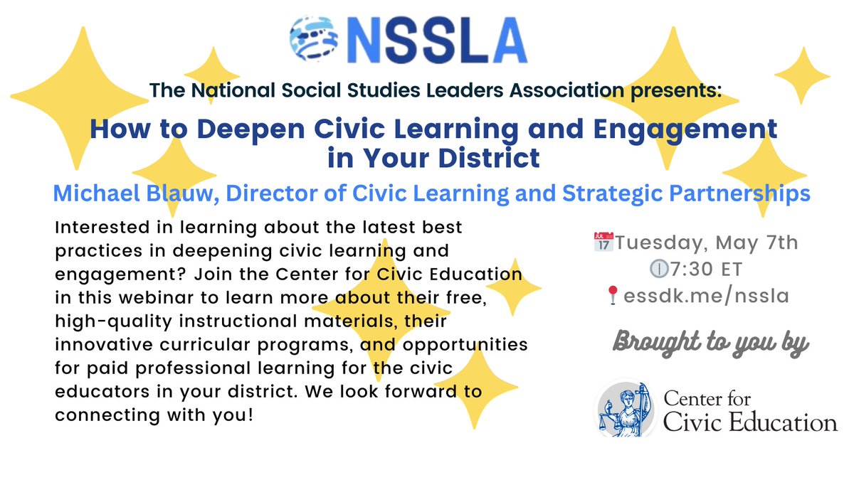 The @nsslasocstudies spring webinar series has been amazing! Am looking forward to tomorrow's session with @CivicEducation. Free resources *and* paid PD opportunities. What's not to like? #sschat #socialstudies @NHTOYMc @DrTinaEllsworth @NCSSNetwork