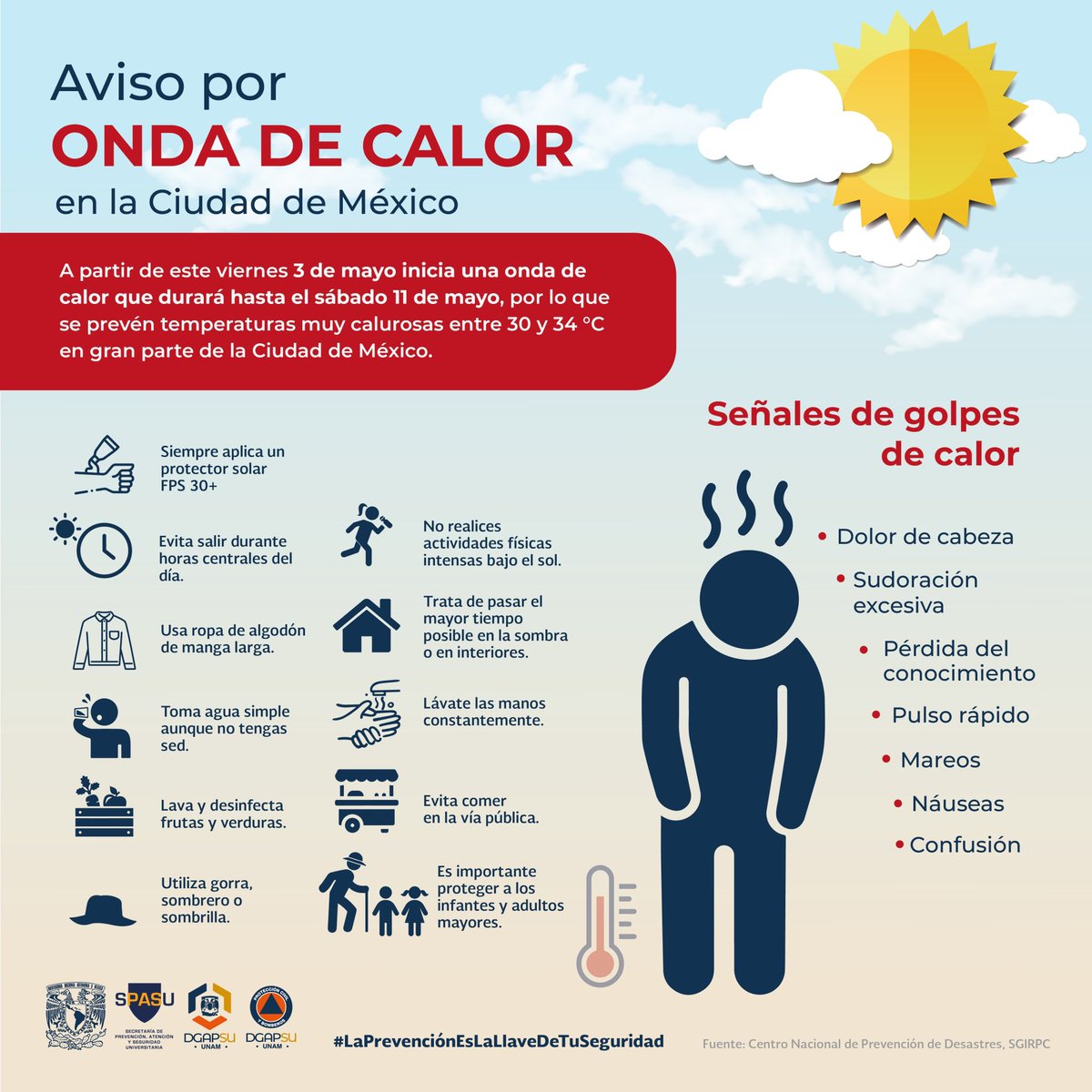 🌞 ¡Prepárate para el calor! Del 3 al 11 de mayo, la Ciudad de México experimentará temperaturas entre 30 y 34 °C. ¡Protege tu piel y mantente hidratado! #LaPrevenciónEsLaLlaveDeTuSeguridad #FESI #UNAM