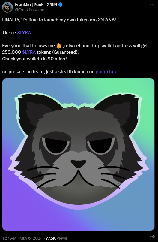 CryptoRugMunch's tweet photo. Seems like the fake influencer crew are lacking in creativity these days. Very low energy this one. Do not drop your wallet. This is a repeat of a previous scam. You are being engagement farmed for a future rug pull. AVOID. $LYRA https://t.co/ss3ZW7rWR8
