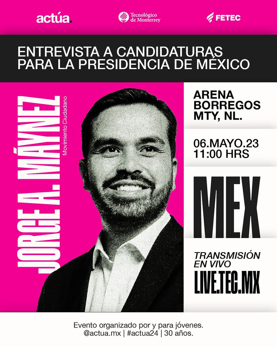Hoy a las 11:00 am la Federación de Estudiantes del @TecdeMonterrey recibirá al candidato de @MovCiudadanoMX, @AlvarezMaynez para un diálogo con la comunidad. Aquí el evento en vivo ➡️ live.tec.mx/events/foro-na…