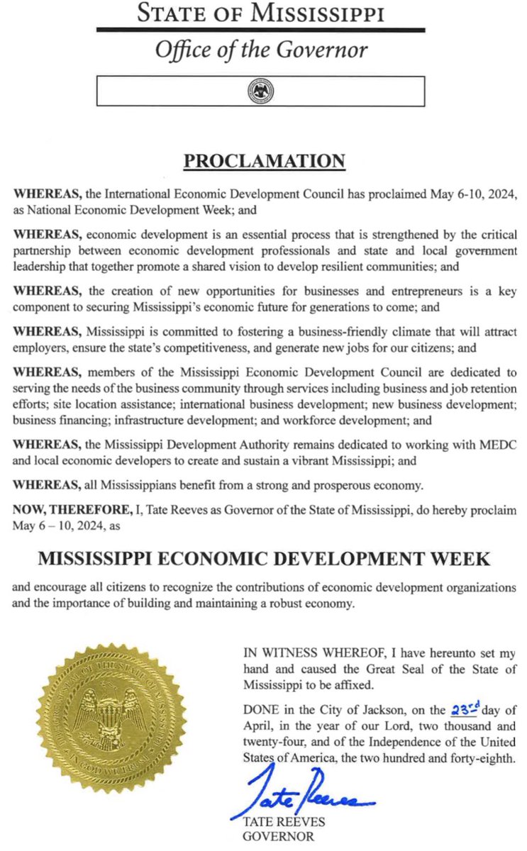 It's Economic Development Week and there's a lot to celebrate! ✅The largest private sector investment in state history ✅The largest payroll commitment in state history ✅The most private sector investment in a year ✅All-time low unemployment This is Mississippi's time!