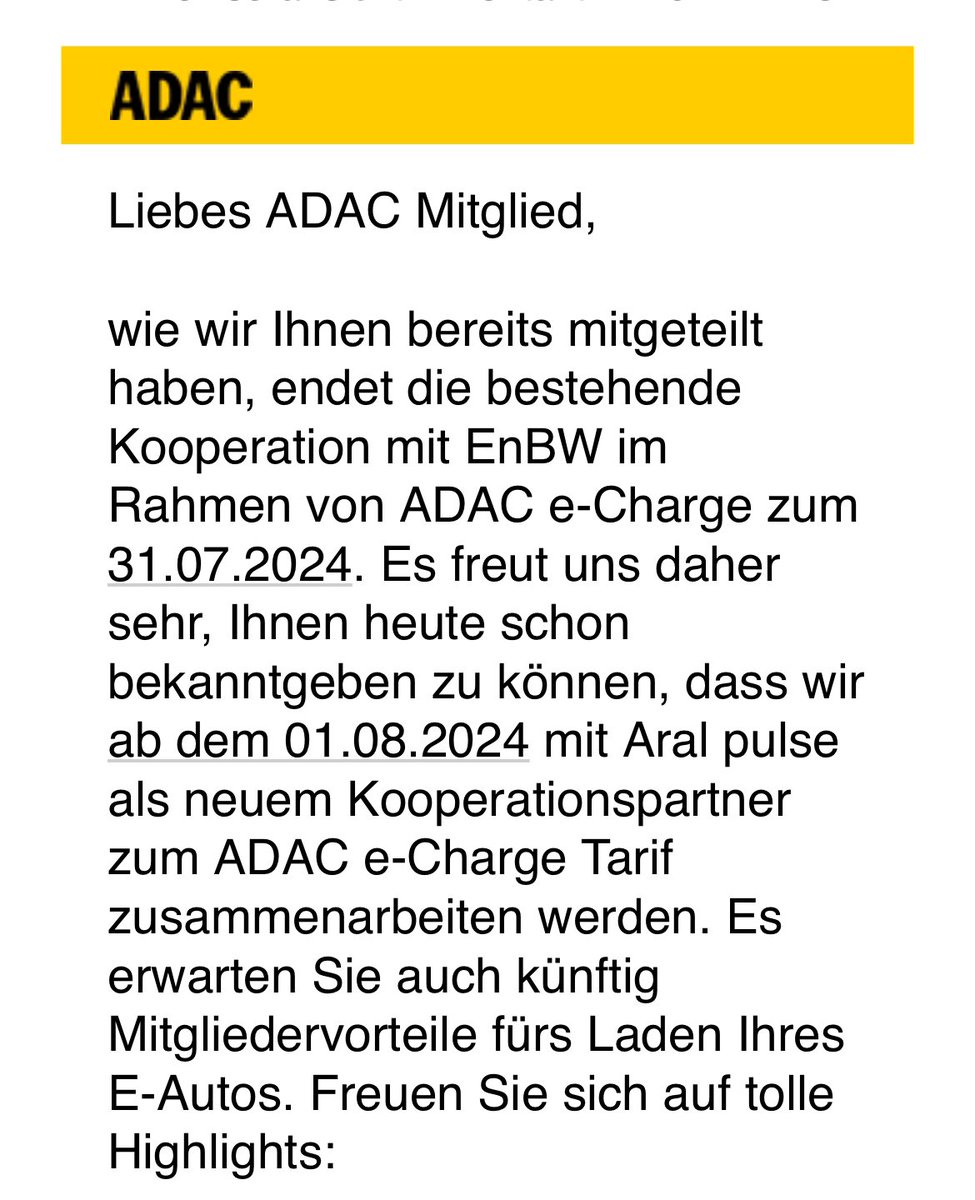 Der @ADAC gibt nach der Trennung mit @EnBW als neuen Partner ab 01.08. ARAL bekannt. Über das ARAL Pulse Netzwerk bekommen ADAC Mitglieder weiterhin die Möglichkeit mit dem e-Charge Tarif preiswert Strom zu tanken. Weitere Details sind noch nicht bekannt. @araldeutschland