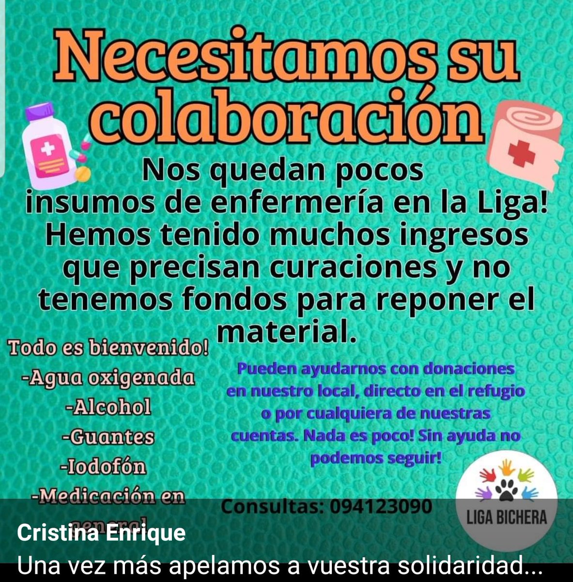 AMIGOS, LAMENTABLEMENTE COMUNICAMOS QUE LA SITUACIÓN HOY ES MUY DIFÍCIL , SE NOS ESTA HACIENDO IMPOSIBLE SEGUIR. YA HABLAMOS DE FALTANTES DE INSUMOS BÁSICOS DE ENFERMERÍA: GUANTES, AGUA OXIGENADA ES LO PRINCIPAL!!!
MUCHOS ANIMALES HERIDOS PARA CURAR Y DESINFECTAR !! NOS AYUDAN❤