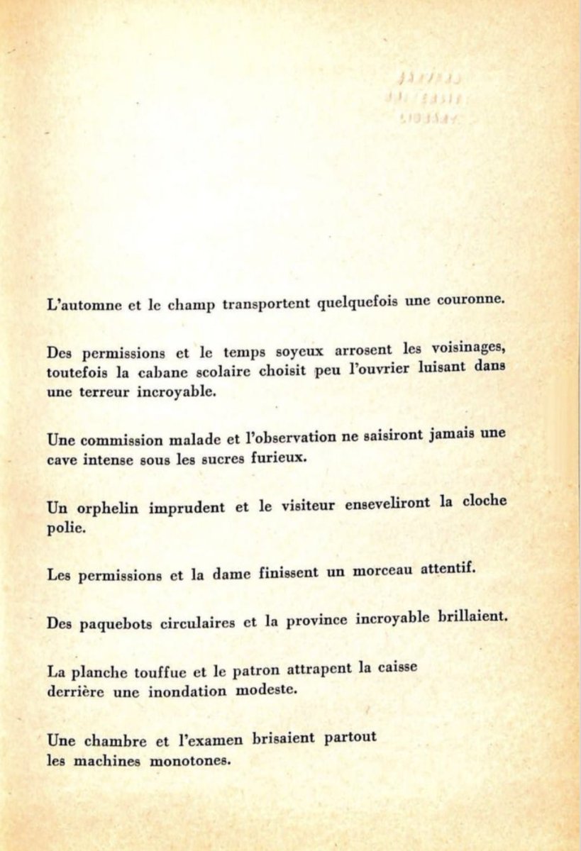 Jean A. Baudot's 'La machine à écrire' (1964) is one of the earliest (if not the earliest?) books of computer-generated texts. Canadians: Why has this not been translated?? 'The holiday and husband will forget girls. Fear cultivates a snake.' archive.org/details/xfoml0…
