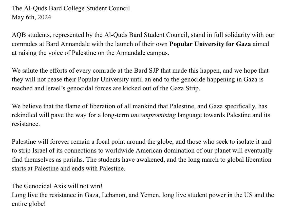 Al-Quds Bard Student Council statement on the launch of the Popular University for Gaza at Bard Annandale: