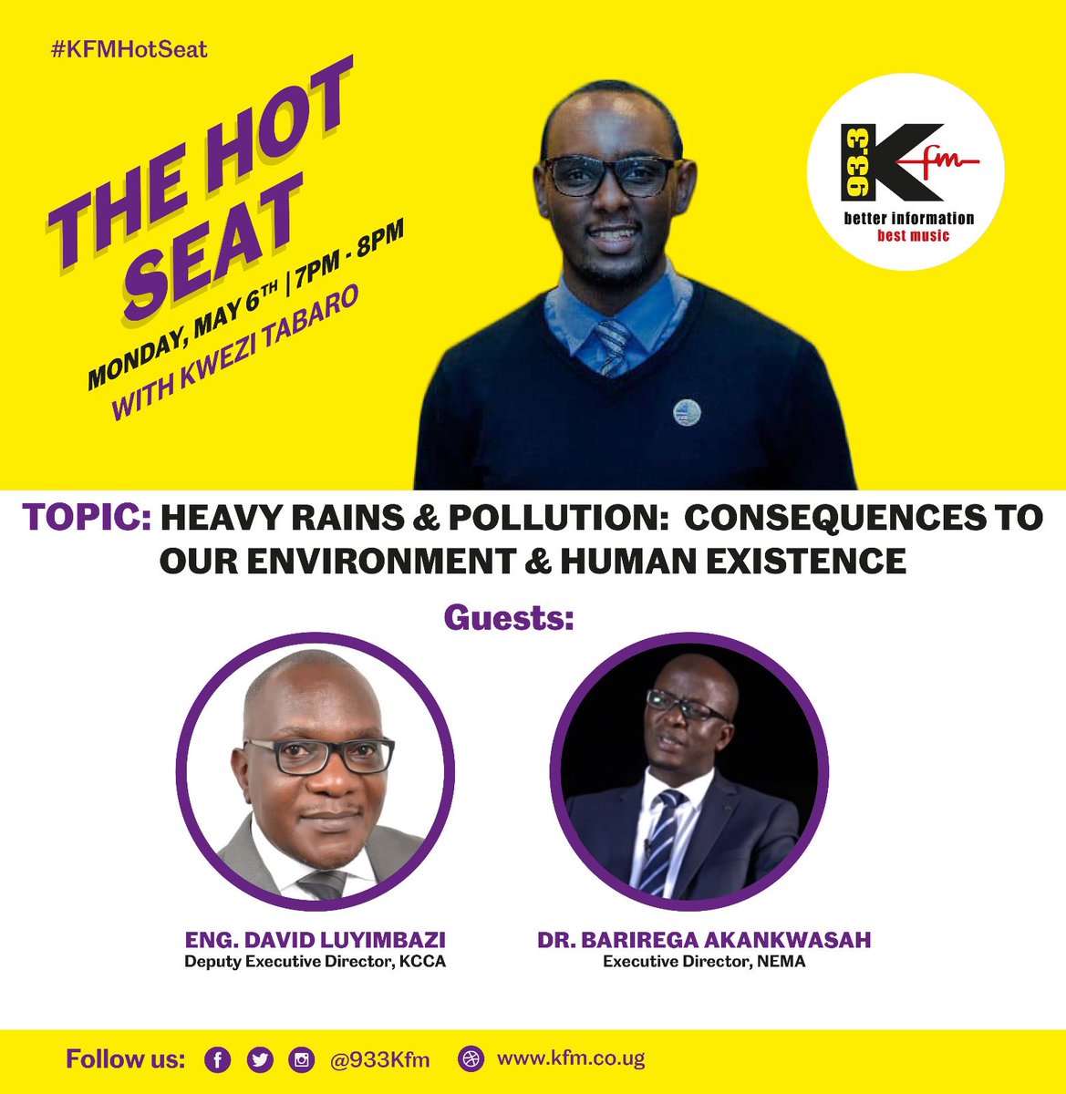Air quality in Kampala is one of the worst in the region. Tonight on @933kfm I speak to @nemaug ED @ABarirega and @KCCAUG’s Eng. Luyimbazi about #AirQualityWeek and recent flood warnings for Kampala. Tune in at 7pm on air and online at kfm.co.ug