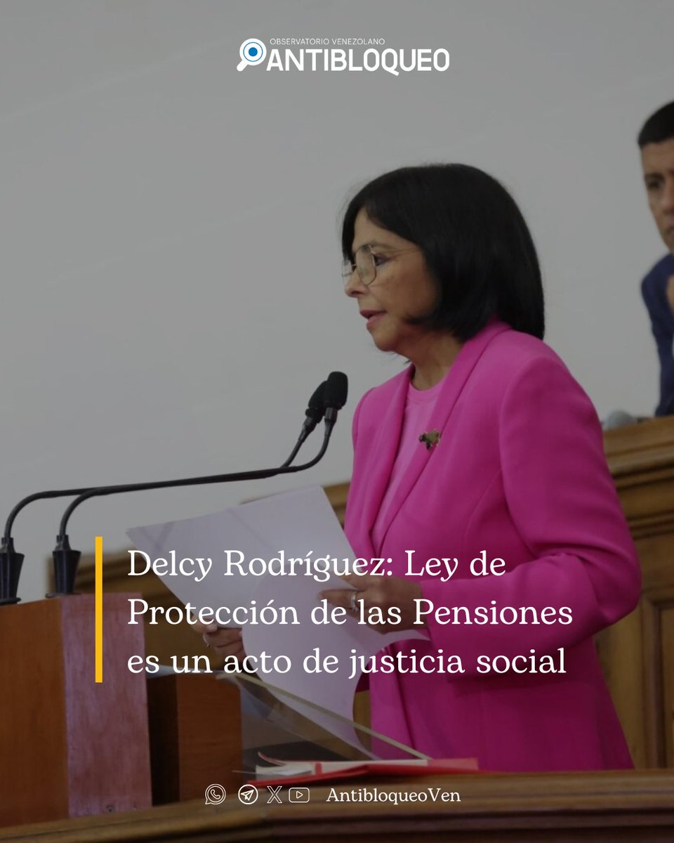 ¡La Vicepresidenta de 🇻🇪 presenta a la AN el proyecto de Ley de Protección a las Pensiones! Este proyecto busca garantizar el bienestar económico de nuestros pensionados, estableciendo: ✅Contribución obligatoria de 15 % de la nómina integral mensual por parte de las empresas,…