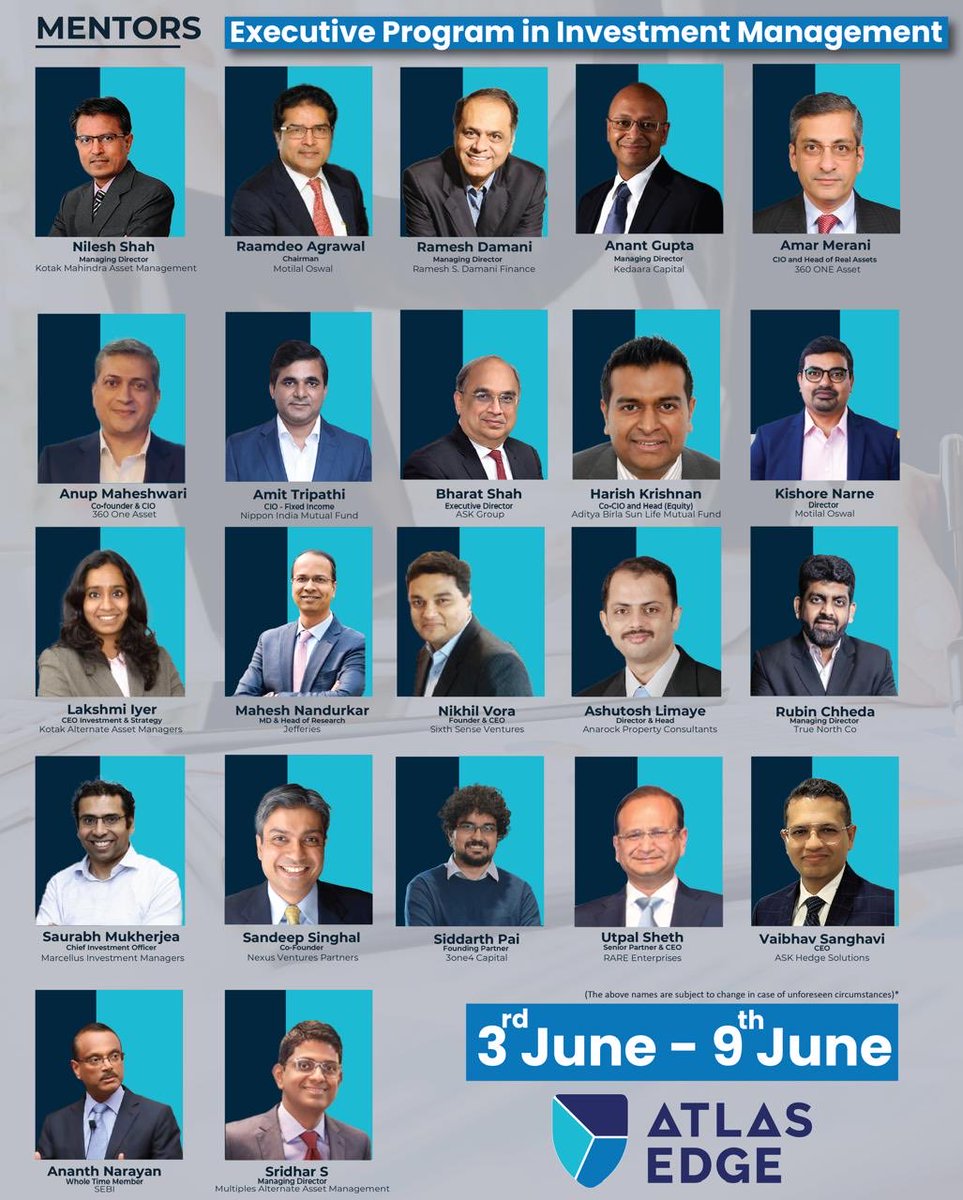 Excited to collaborate with #ATLASEdge to mentor investors for the Executive Program in Investment Management! When : 3rd - 9th June, 2024 Where: ATLAS SkillTech University, Mumbai Know more: bit.ly/3W2DuKp ⁦@atlasskilltech⁩