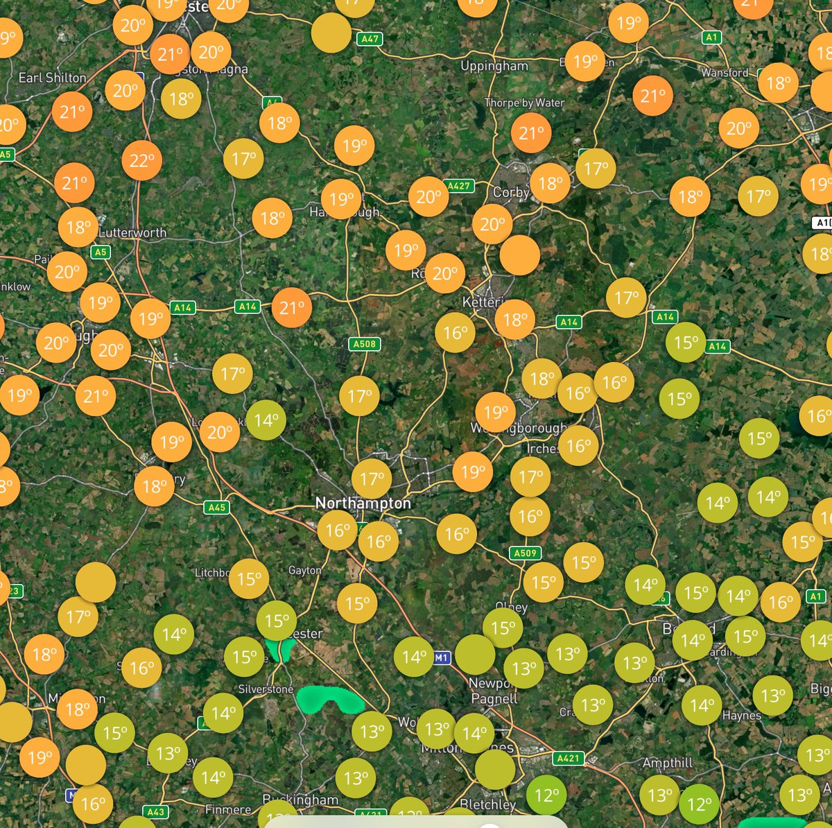 Warm in the sunshine in the north of the county where temperatures are touching 21C currently but cooler in the south around Brackley where it’s 13C as a heavy shower moves over.