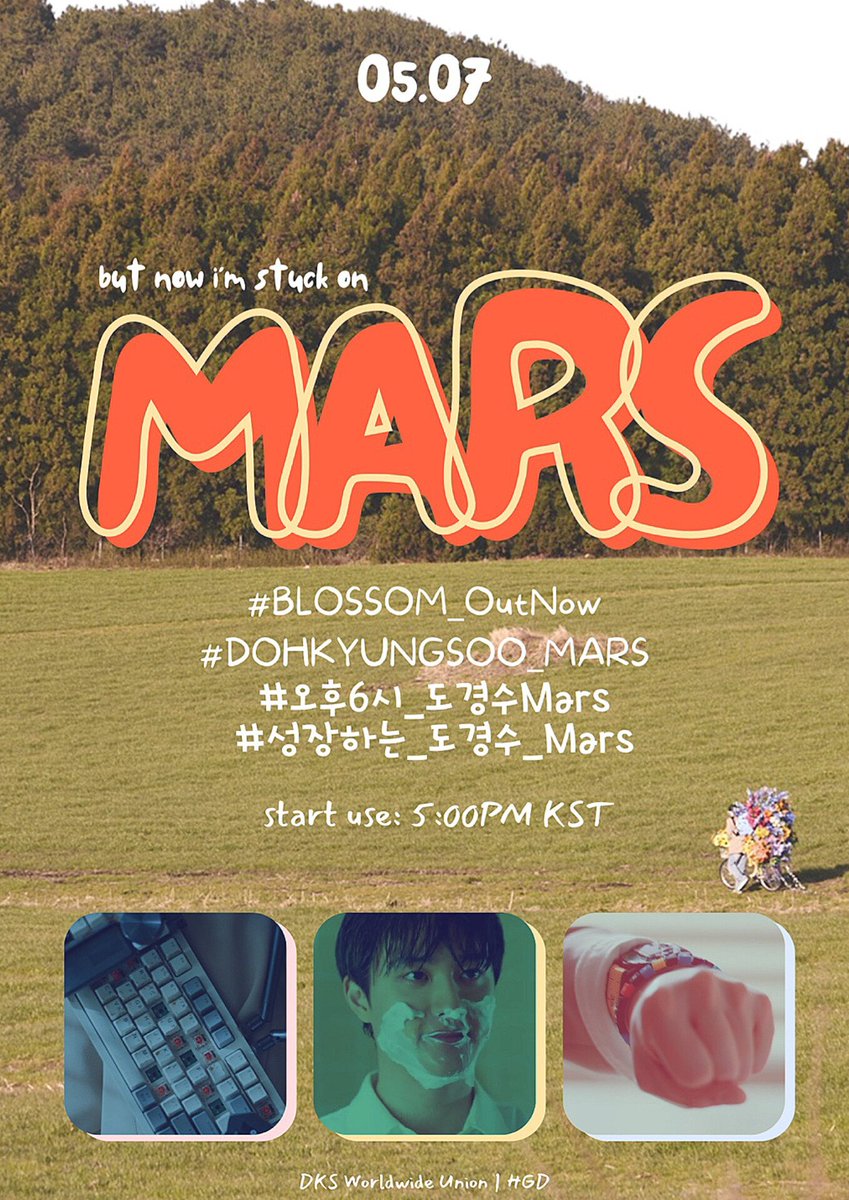 🌸BLOSSOM IS COMING! Everybody SCREAM! 

Use the hashtags below from 1700 KST onwards!

#⃣BLOSSOM_OutNow
#⃣DOHKYUNGSOO_MARS
#⃣오후6시_도경수Mars
#⃣성장하는_도경수_Mars
@companysoosoo_