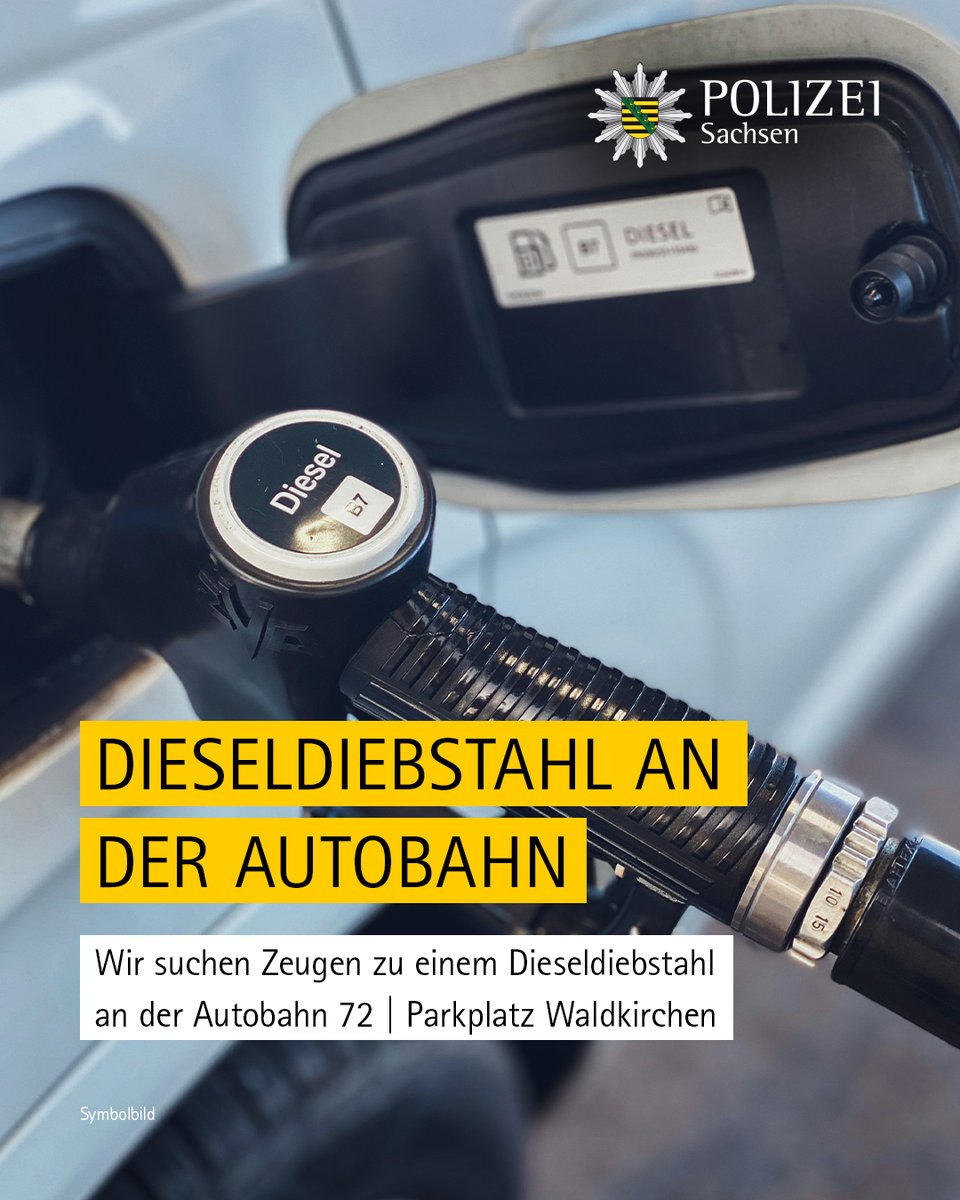 Unbekannte brachen zwischen Samstagnacht u. Sonntagvormittag die Tankdeckel eines Scania-Lkw auf & entwendeten rund 650 Liter Diesel. 
Wer kann sachdienliche Hinweise zu d. derzeit unbekannten Tätern geben?

Zur Polizeimeldung d. Polizeidirektion #Zwickau: polizei.sachsen.de/de/MI_2024_106…