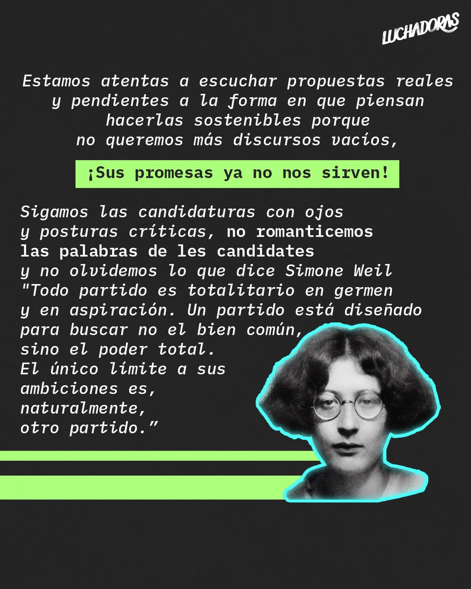 LuchadorasMX's tweet photo. Mucho "Sistema de cuidados" y love bombing en los discursos de les candidates🧐 pero seguimos esperando a escuchar propuestas REALES y SOSTENIBLES. 🥱 

👁️💜 Sigamos las candidaturas con una mirada crítica.
✍️ Texto: Ixchel García y Elizabeth Avendaño 

https://t.co/EbNVpwrWM9 https://t.co/J0I0XJmhRk