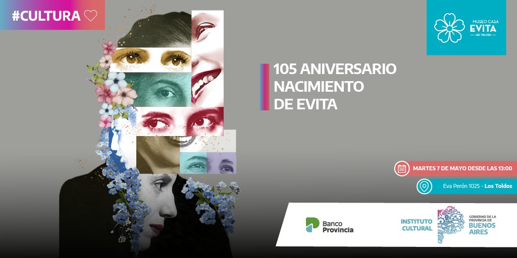 📣 105 aniversario nacimiento de Evita en el museo 🗓 El martes 7 de mayo, desde las 13 hs, conmemoramos el 105 aniversario del nacimiento de Eva María Duarte de Perón en el museo. 🎟️ Entrada libre y gratuita. 📍Eva Perón 1025, Los Toldos. ¡Te esperamos!