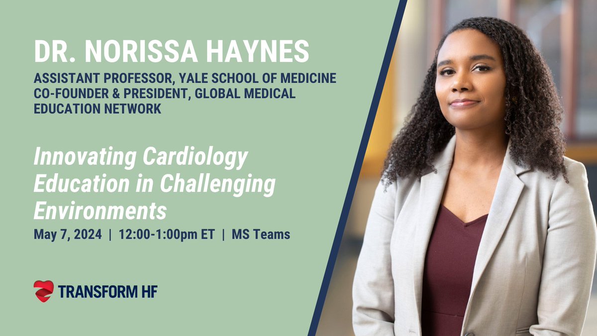 TOMORROW: Dr. @NorrisaHaynes speaks about her experience using tech to overcome barriers in cardiac care in Haiti. TRANSFORM #HeartFailure is proud to collaborate on these Cardiology Rounds! Add to your calendar: buff.ly/4dqUlNo