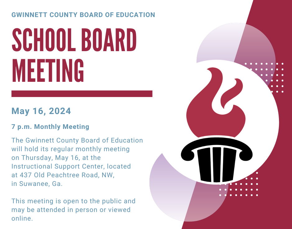 The Board will hold its regular monthly meeting at 7 p.m. on May 16. The Work Session begins at 1:30 p.m. The First Public Hearing for the FY2025 Budget begins at 6:00 p.m. Meetings are open to the public and may be attended or livestreamed. Learn more: gcpsk12.org/about-us/board