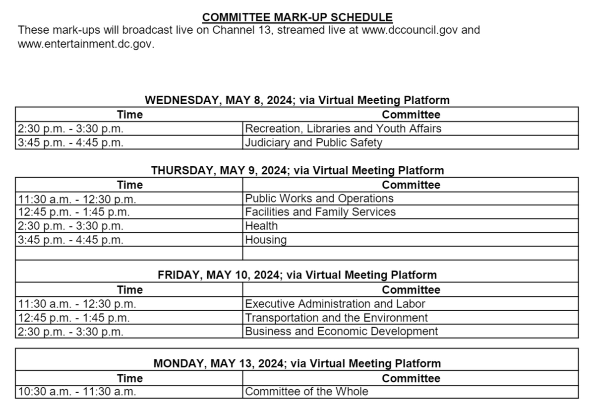 Update: the Committee of the Whole budget mark-up will be on Monday, May 13. The full updated schedule is below.