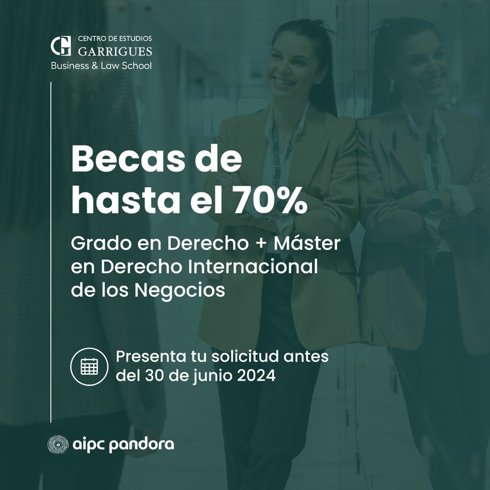 El <a href="/CEG_Garrigues/">Centro de Estudios Garrigues</a> ofrece becas hasta el 70% para el Grado en Derecho+Máster en Derecho Internacional de los Negocios. Asegura tu futuro profesional con doble titulación en solo 4 años. Solicita antes del 30 de junio. Más info bit.ly/3y9sKjJ #Becas #excelenciaeducativa