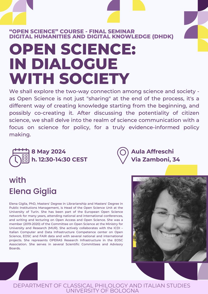 '#OpenScience is not just sharing at the end of the process, but a different way of creating and co-creating knowledge starting from the beginning': we will reflect on #ScienceCommunication with @egiglia  at the in-presence seminar 'Open Science: in dialogue with society' ⬇️