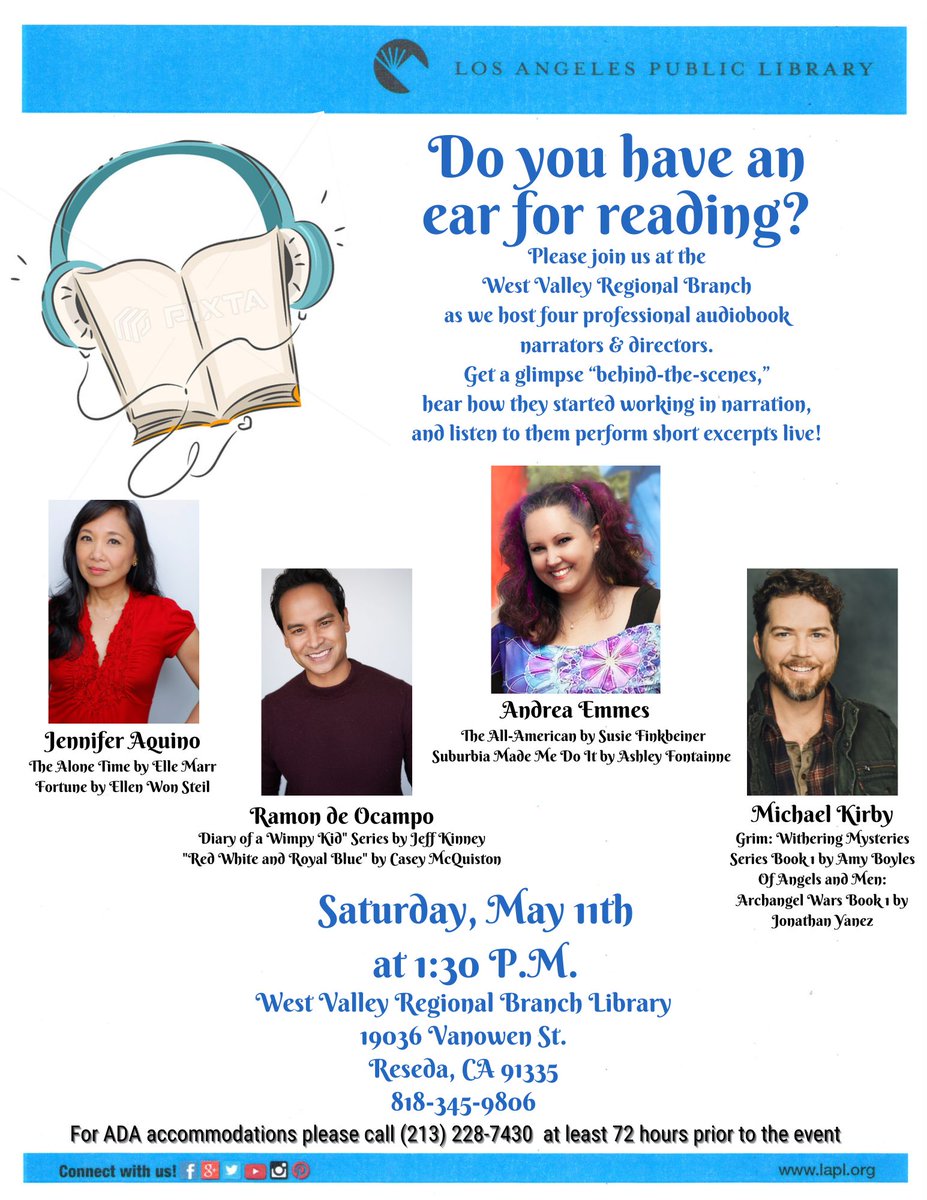 FREE event this Saturday in the LA area! Please join us for an audiobook panel!

Saturday 5/11/24 at 1:30- 3pm
West Valley Regional Branch Library
19036 Vanowen St. in Reseda, CA
#actor #voiceactor #narrator #loveaudiobooks