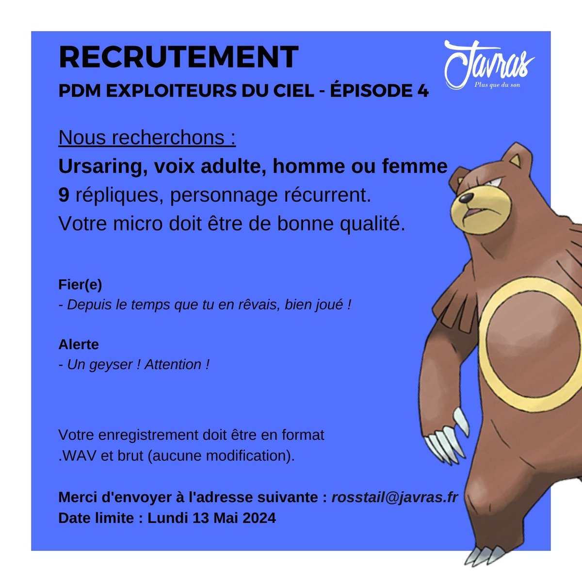 Salut tout le monde,
Ma saga mp3 PDM - Exploiteurs du Ciel avance à petits pas: 3 épisodes sortis !

Voici une nouvelle fournée de personnages disponibles, vous avez jusqu'au 13 pour tenter votre chance !

Bonne chance !

#Sagamp3 #AudioDrama #pokemonmysterydungeon