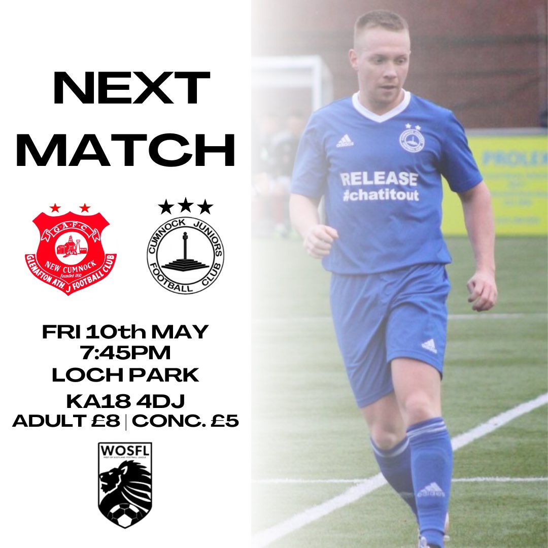 Next Match | 🏁

We travel up to New Cumnock on Friday night for a local derby which brings the curtain down on our 2023/24 season.

🆚 - <a href="/GlenaftonAJFC/">Glenafton Athletic</a> 
🏆 - <a href="/OfficialWoSFL/">West of Scotland Football League 🏴󠁧󠁢󠁳󠁣󠁴󠁿</a> 
🏟️ - Loch Park
⏱️ - 7:45pm
🎫 - £8 | £5

#ATN
