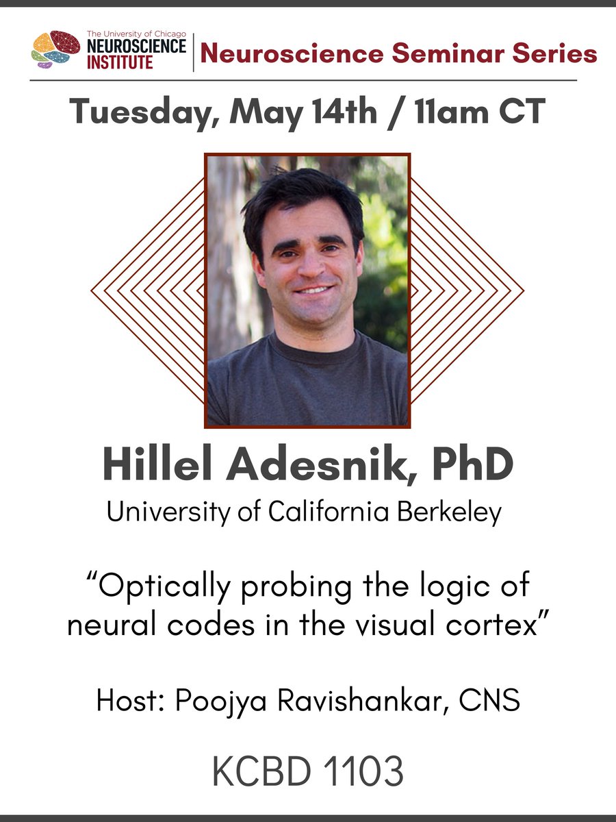 Next week our Neuroscience Seminar Series features Dr. Hillel Adesnik from the University of California Berkeley. Join us! 🗓️Tuesday, May 14th, 11:00 am | KCBD 1103 “Optically probing the logic of neural codes in the visual cortex”