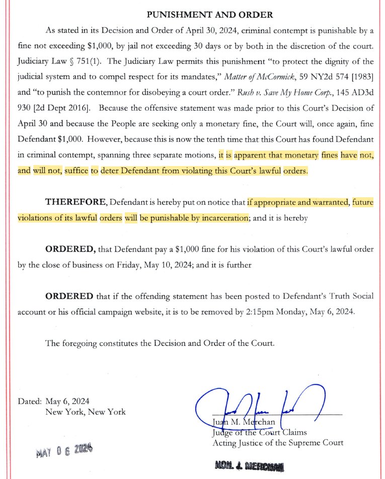 Two significant features in Justice Merchan's gag order ruling today: The text in the judge's written decision is ominous in suggesting some form of incarceration may be the next step if Trump violates the gag order again.⤵️ (h/t @KlasfeldReports) 1/2 justsecurity.org/wp-content/upl…