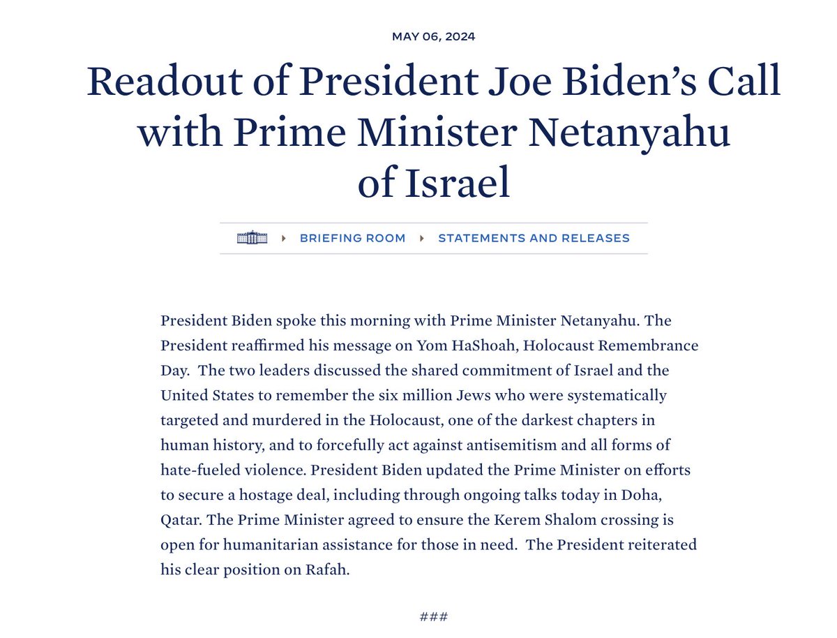 This is the White House’s second consecutive readout of a Biden call with Netanyahu that says Biden “reiterated his clear position” on Rafah — without spelling out what that clear position is.