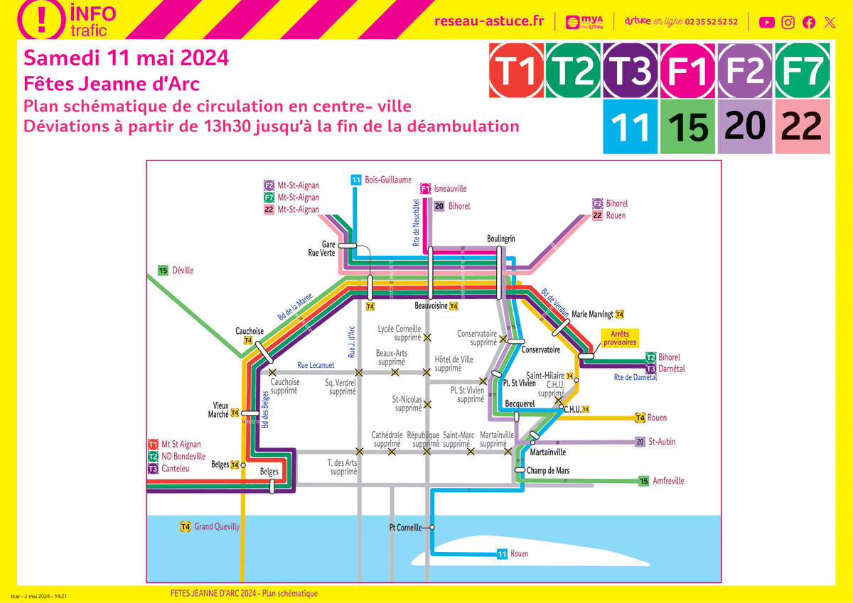 Les Fêtes Jeanne d'Arc à Rouen du 9 au 11 mai 2024 ! 🛡️ La Métropole Rouen Normandie offre la gratuité sur le réseau Astuce durant ces trois jours. 🎉 Renforts de transport le 9 mai et déviations le 11 mai à partir de 13h30. 🚌 Plus d'infos : reseau-astuce.fr