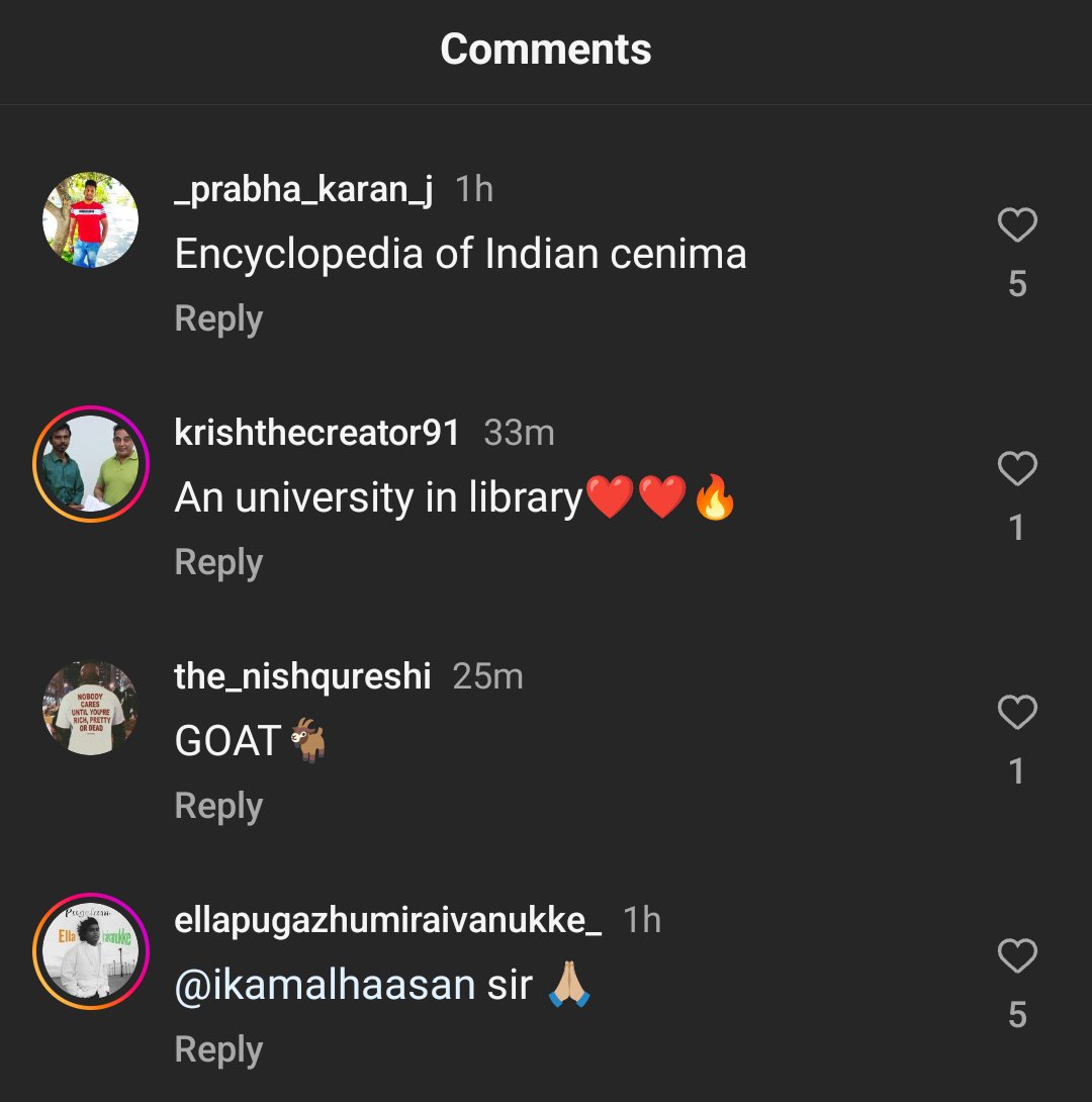 Just #Ulaganayagan things

Look at the comments, after he posted his library photo on his Insta page, especially #Siddharth

😍😍😍❤️❤️❤️

#KamalHaasan
#ThugLife