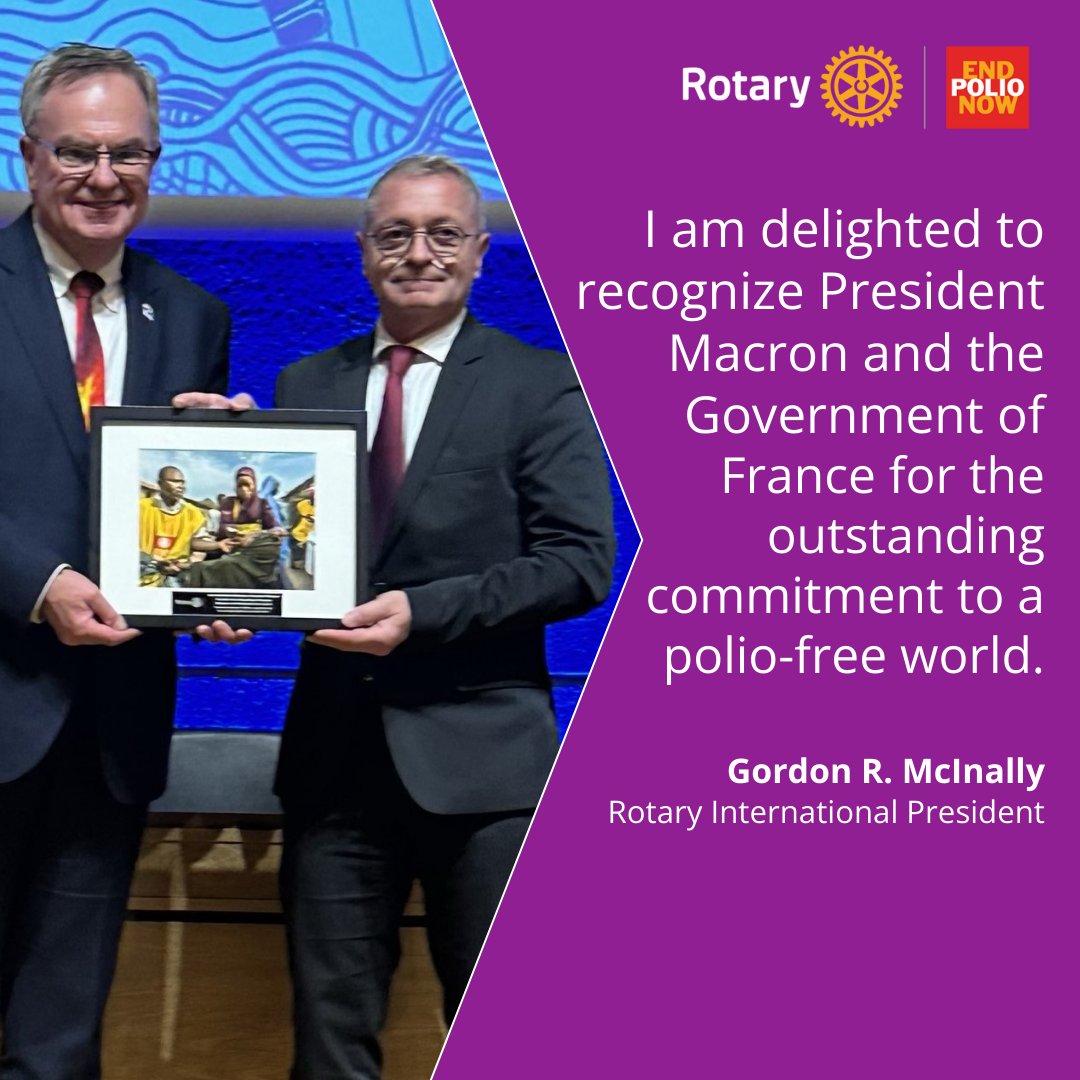 🌍✨ At Rotary Day at UNESCO, we honored President @EmmanuelMacron with the Polio Eradication Champion Award, accepted by Patrice Faure. France's pledge of €50M to #EndPolio showcases its global leadership and commitment to a polio-free world. 🇫🇷🕊️ 🔗: endpol.io/3UO5wbO