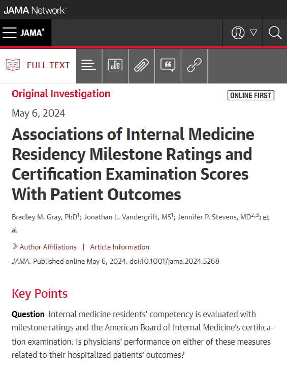 Among newly trained hospitalists, certification examination score, but not residency milestone ratings, was associated with improved outcomes among hospitalized Medicare beneficiaries. ja.ma/3UstSGI